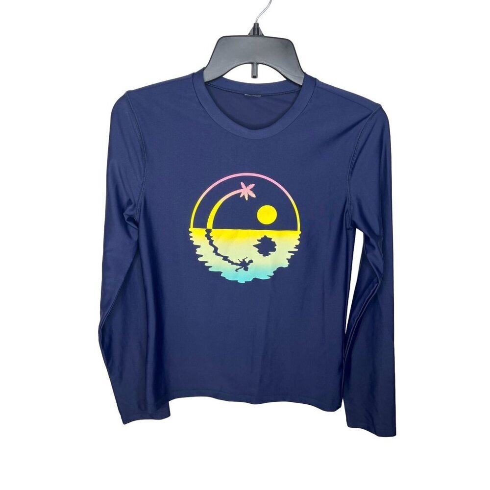 Old Navy Swim Top Girls Navy Blue Long Sleeve Shirt With Tropical Graphic Design